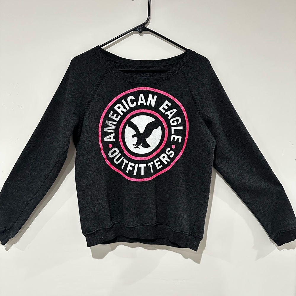 American Eagle Dark Gray Sweatshirt with Pink and White Logo - Picture 3 of 3